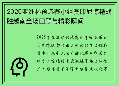 2025亚洲杯预选赛小组赛印尼惊艳战胜越南全场回顾与精彩瞬间