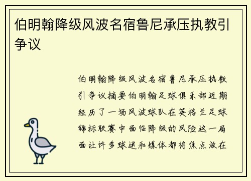 伯明翰降级风波名宿鲁尼承压执教引争议