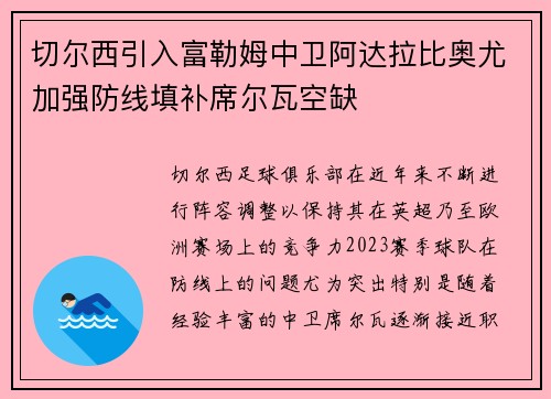 切尔西引入富勒姆中卫阿达拉比奥尤加强防线填补席尔瓦空缺