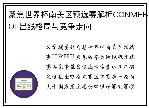 聚焦世界杯南美区预选赛解析CONMEBOL出线格局与竞争走向
