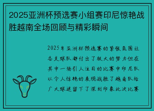2025亚洲杯预选赛小组赛印尼惊艳战胜越南全场回顾与精彩瞬间 2025亚洲杯预选赛小组赛印尼惊艳战胜越南全场回顾与精彩瞬间